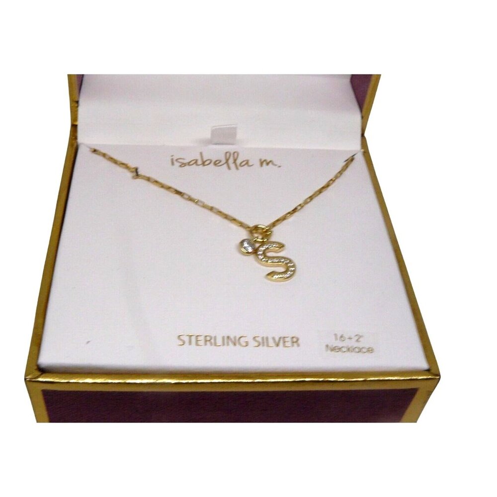 YGP 925 Silver S Pendant Necklace w Crystal Accts 16+2" Adj Gift Box Isabella M.